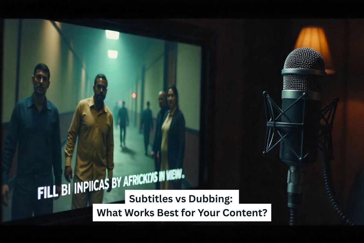 Conceptual illustration of subtitles vs. dubbing: split-screen showing translated film subtitles on the left and a professional voice-over recording setup on the right, highlighting video localization.