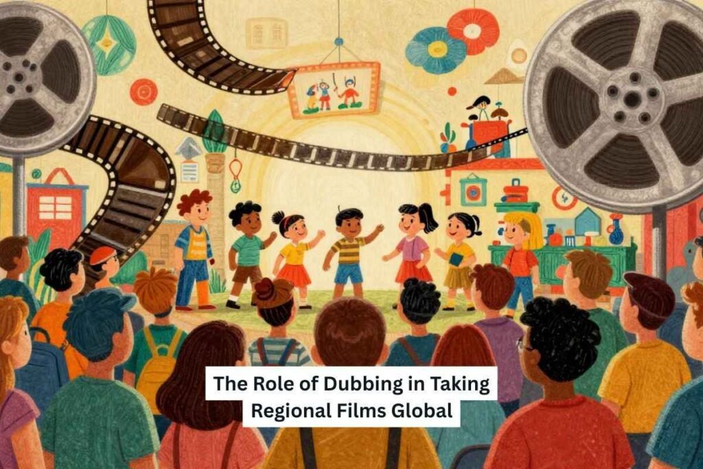 A cinematic, conceptual illustration showing a regional film scene transforming into a global release.