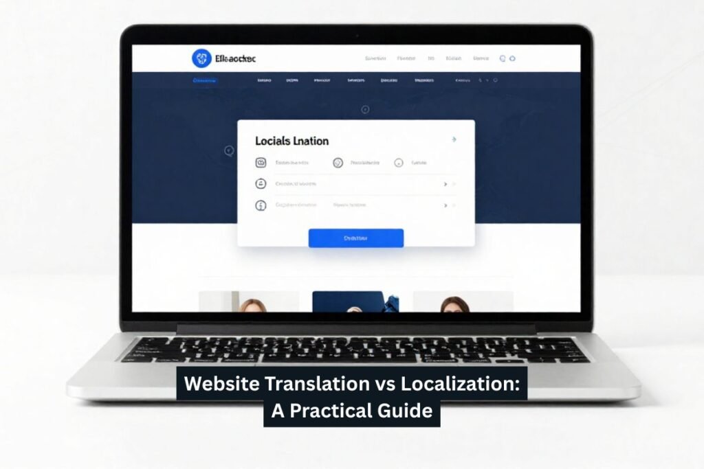 A laptop displays a blue-themed website with a navigation menu and a central form. Text overlay reads, “Website Translation vs Localization: A Practical Guide.”