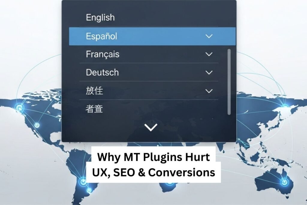 Professional laptop screen showing multilingual website interface with language switcher and global network map, clean business design