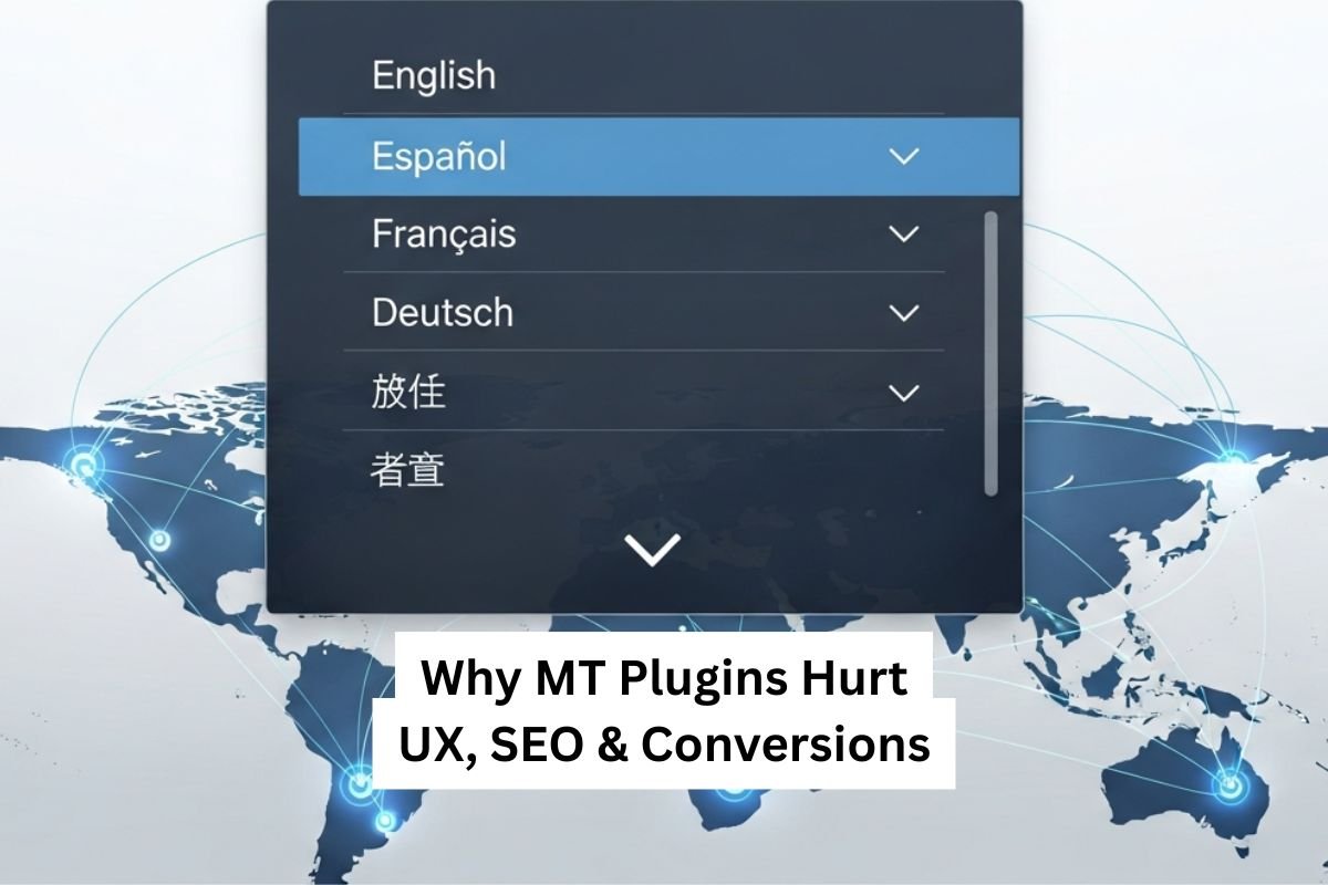 Professional laptop screen showing multilingual website interface with language switcher and global network map, clean business design