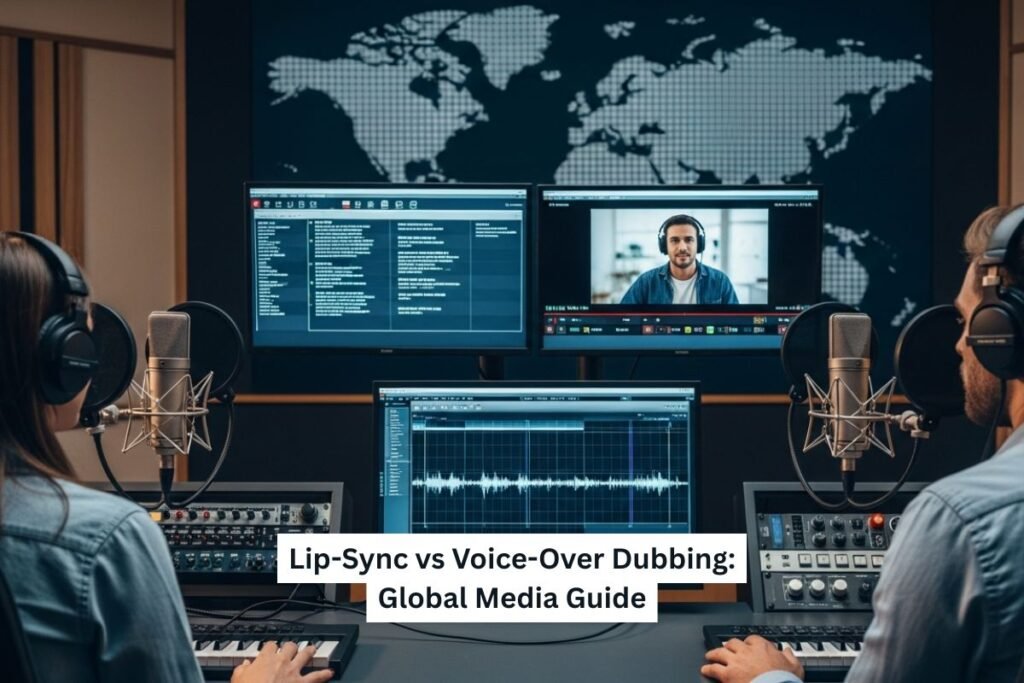 Media localization and dubbing studio showing lip-sync and voice-over recording for global content.
