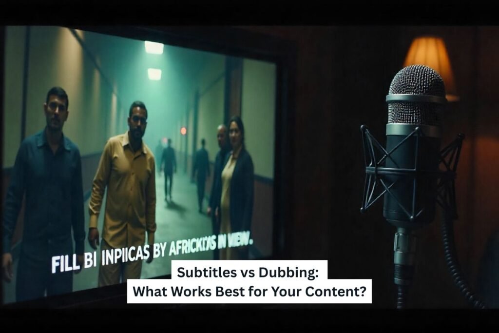 Conceptual illustration of subtitles vs. dubbing: split-screen showing translated film subtitles on the left and a professional voice-over recording setup on the right, highlighting video localization.