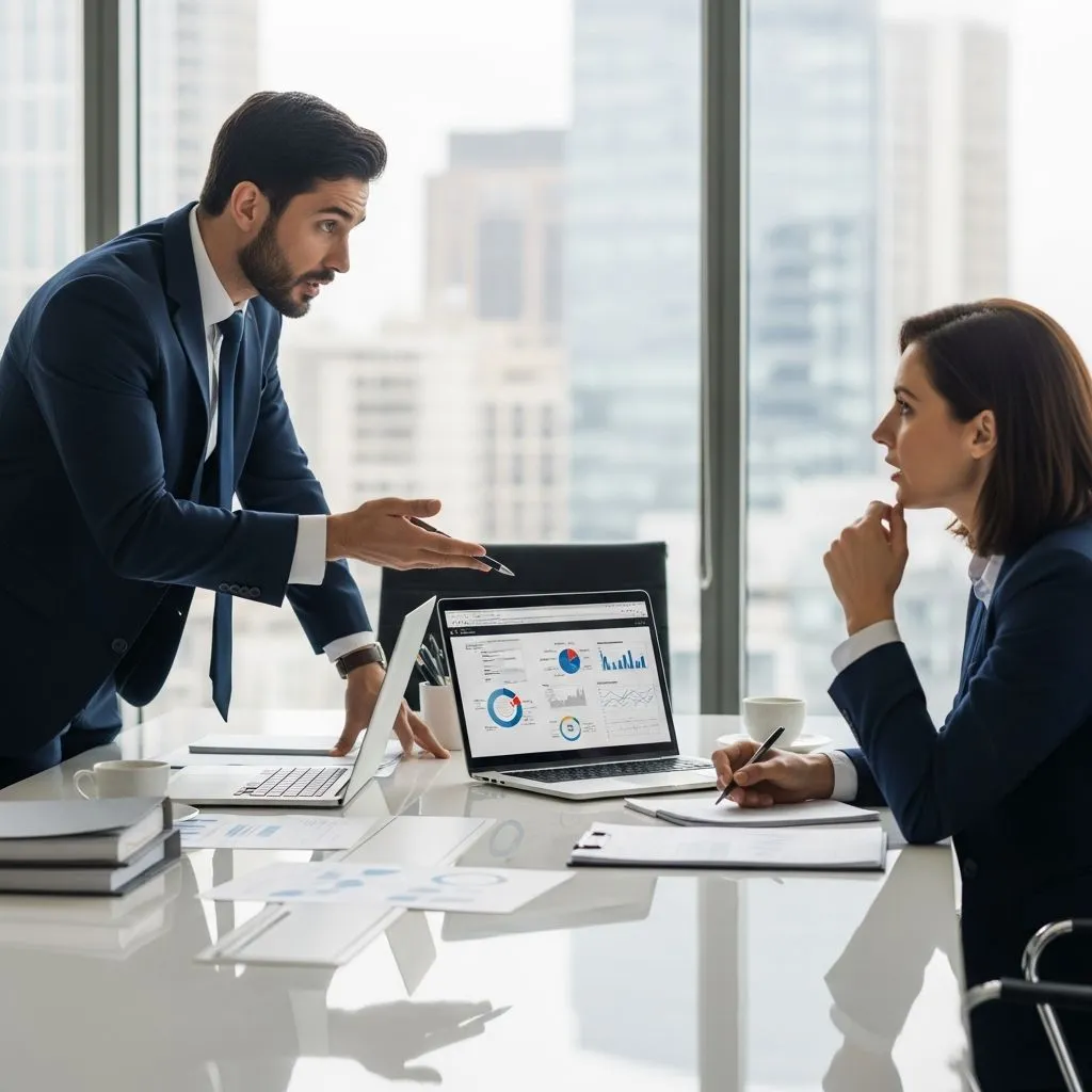 Two business professionals in a modern office discuss data on a laptop screen displaying charts. The man is gesturing, and the woman listens thoughtfully.